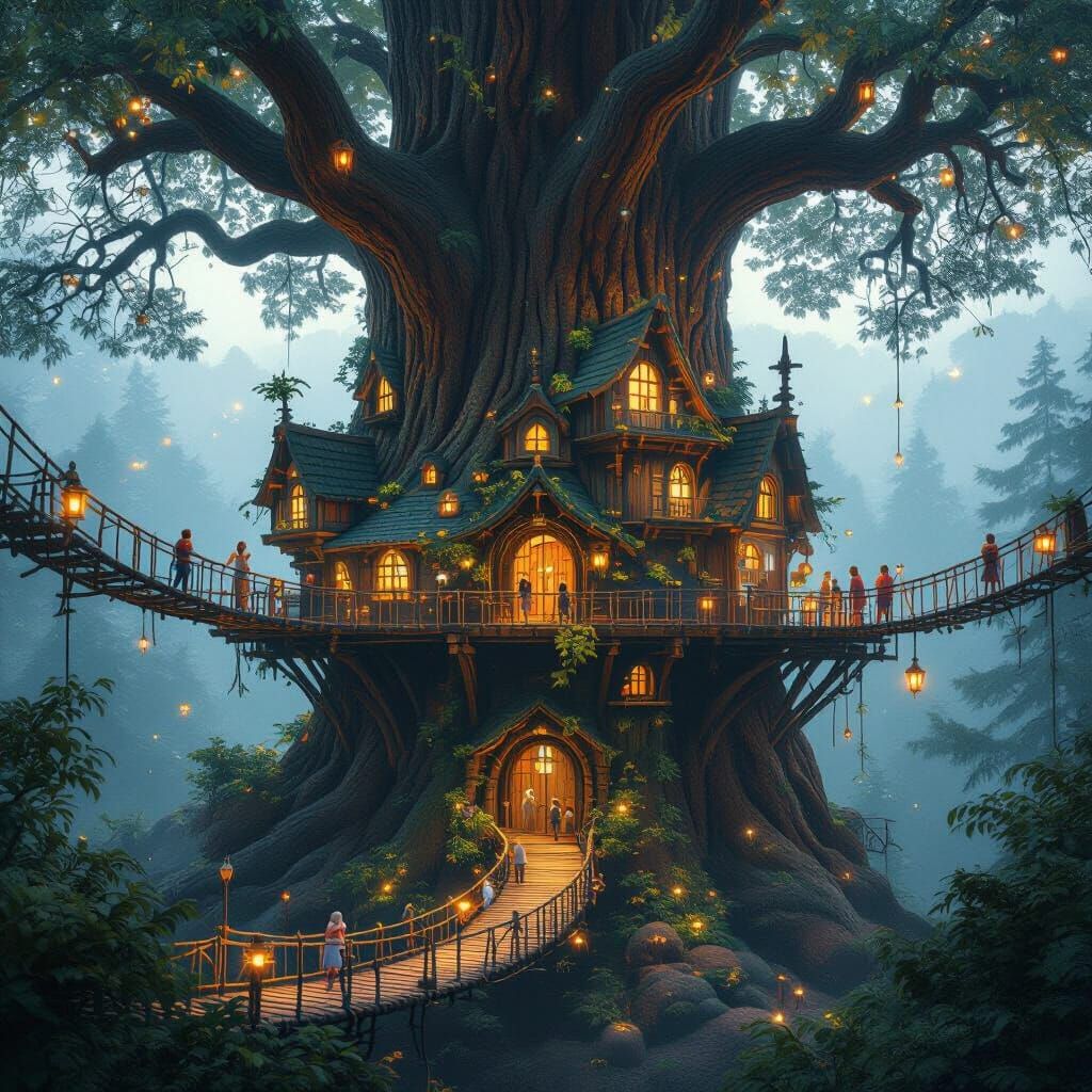 Ancient Treehouse Town in Giant Redwood at Twilight