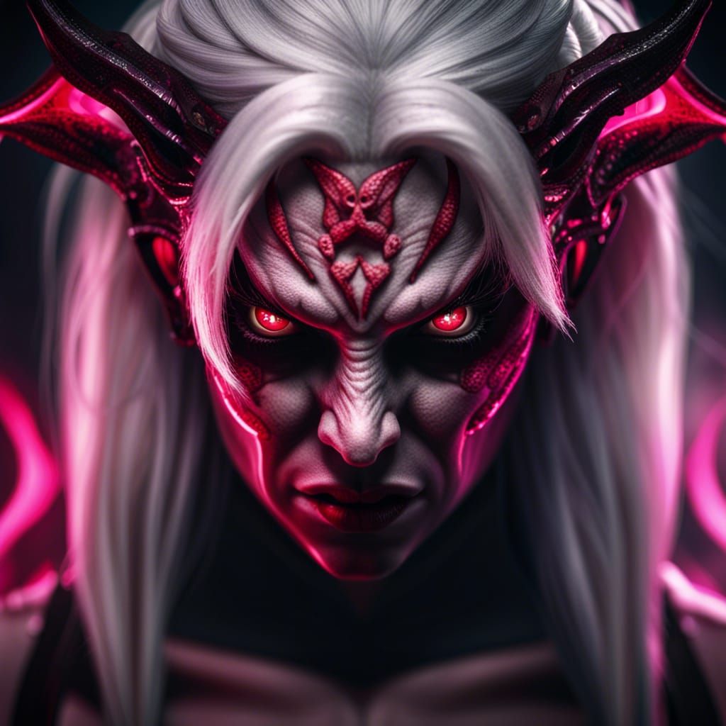 Fearsome Red-Skinned Demon with White Hair