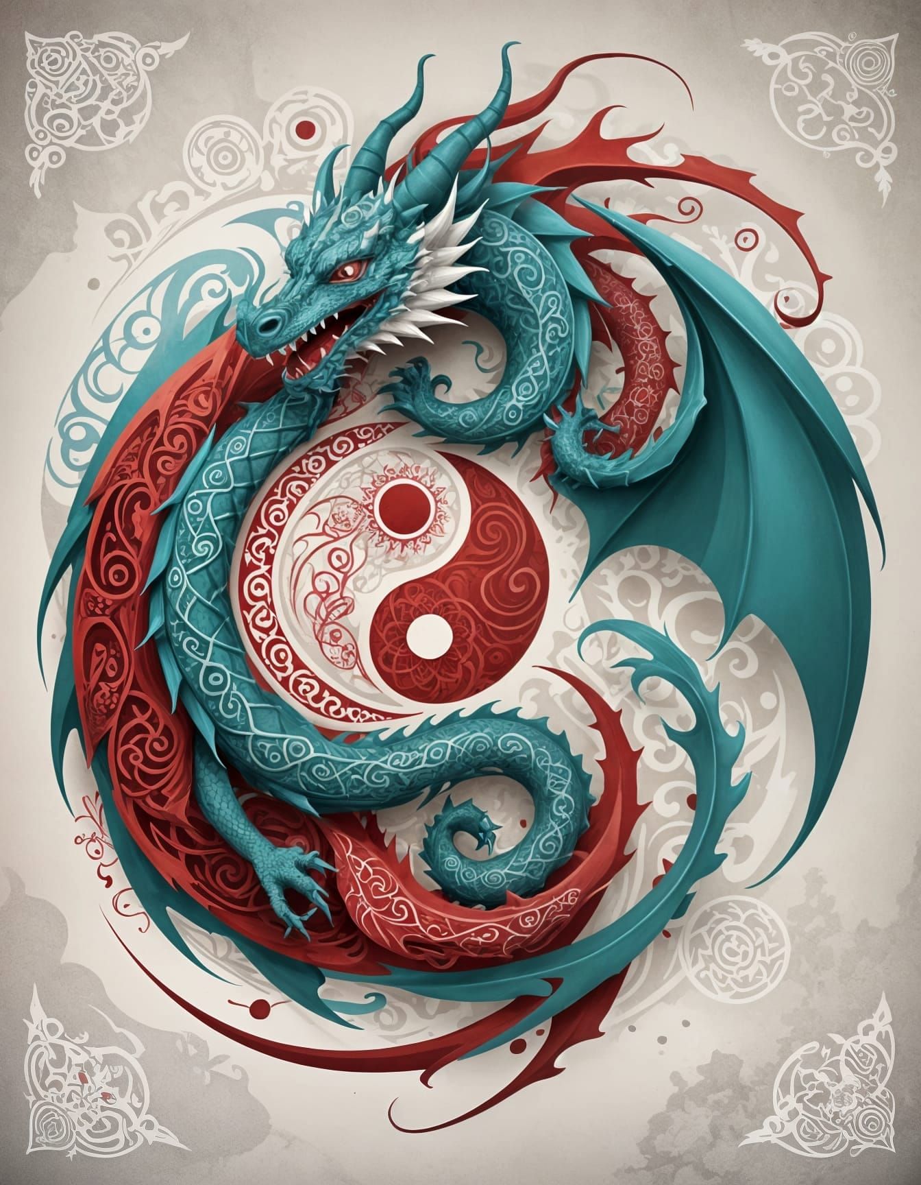 Eastern Dragon with Yin Yang in Grayscale