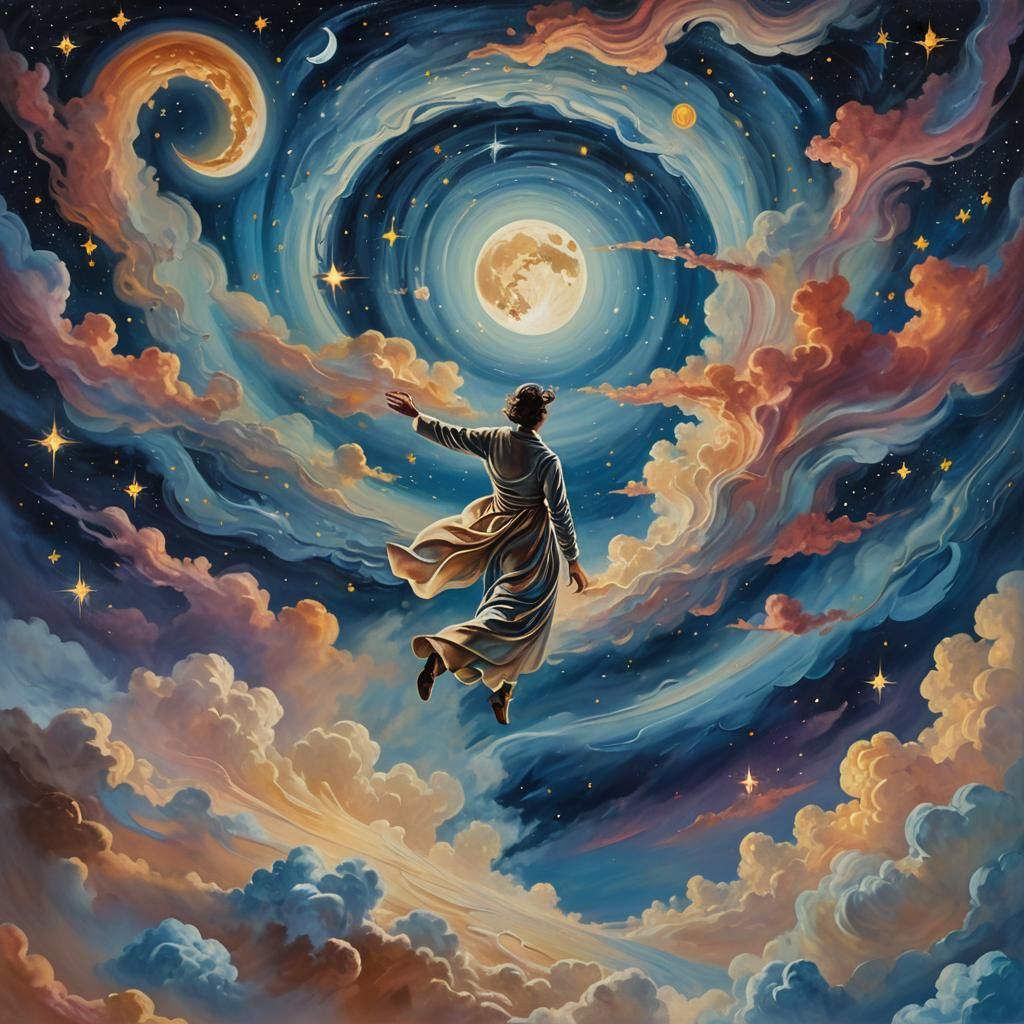 Dreamlike Figure Floating in Starry Night Sky