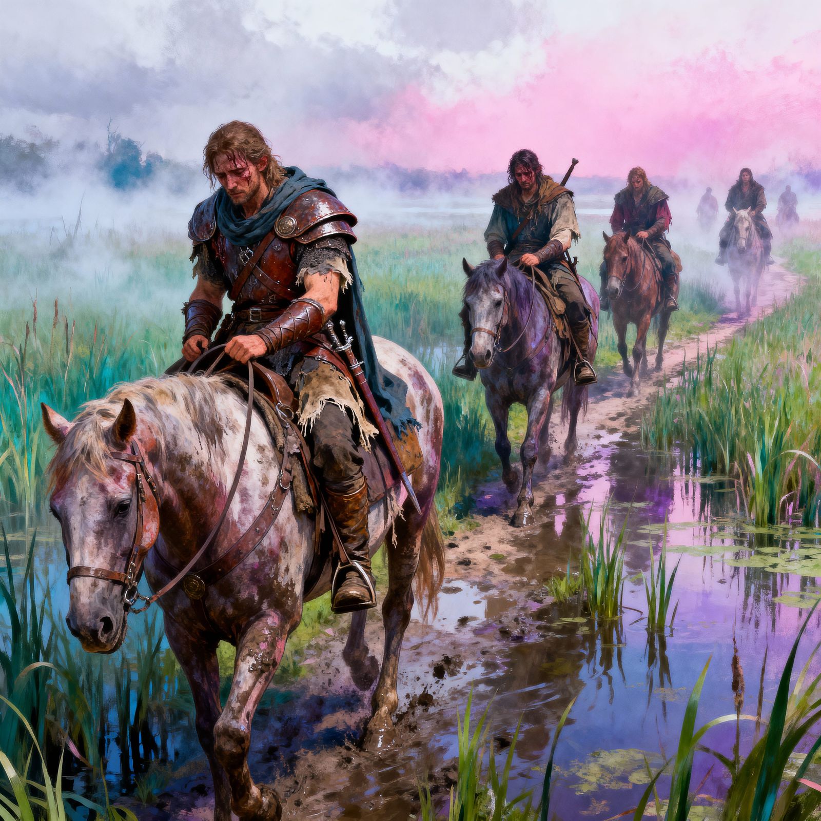 Battered Adventurers on Marsh Trail in Pastel Matte Painting...
