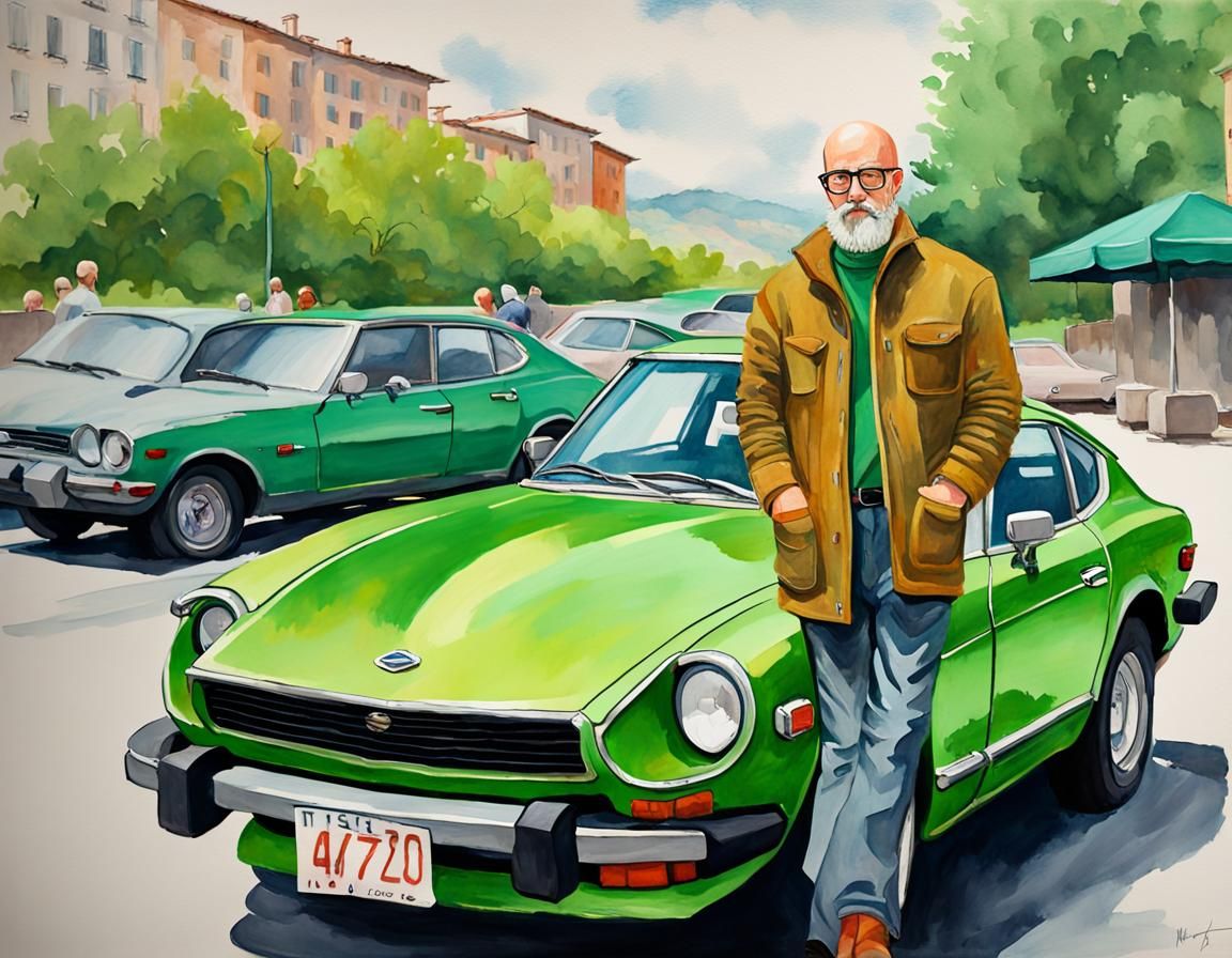 Man with Datsun in Gouache Style