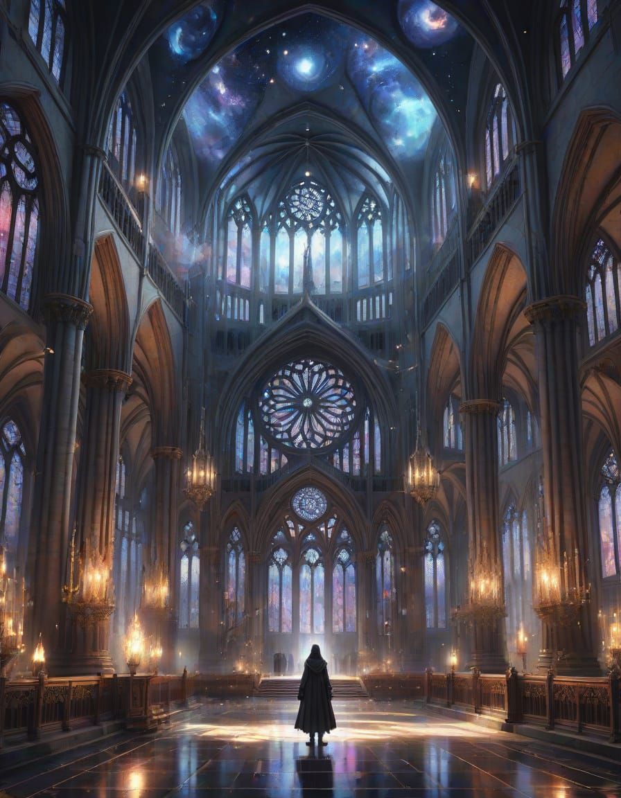 Gothic Cathedral in Starry Galaxy, Watercolor Painting