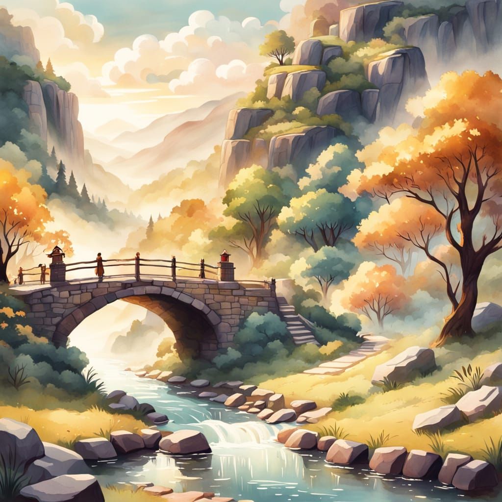 Stone Bridge Over River in Watercolor Storybook Style