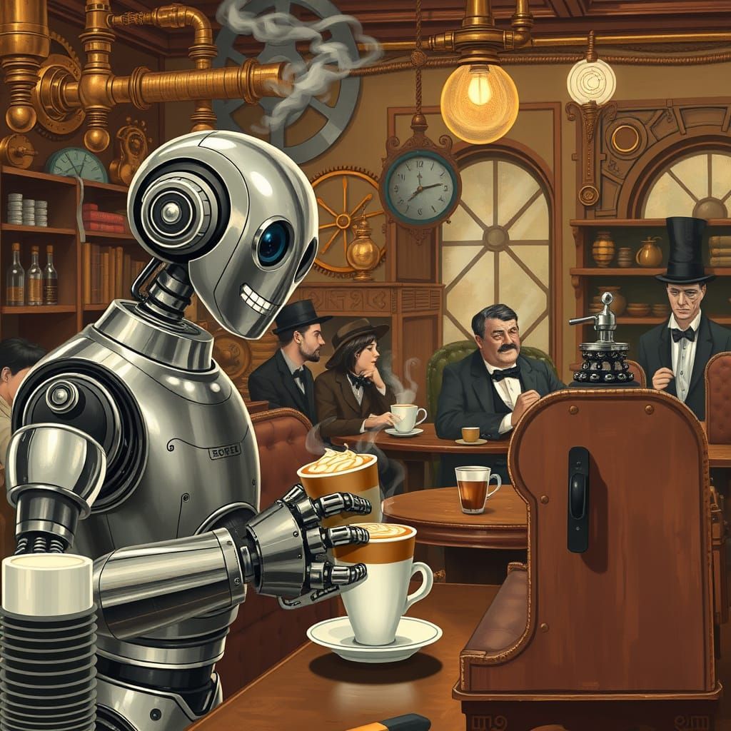 Steampunk Robot Barista in Cozy Cafe