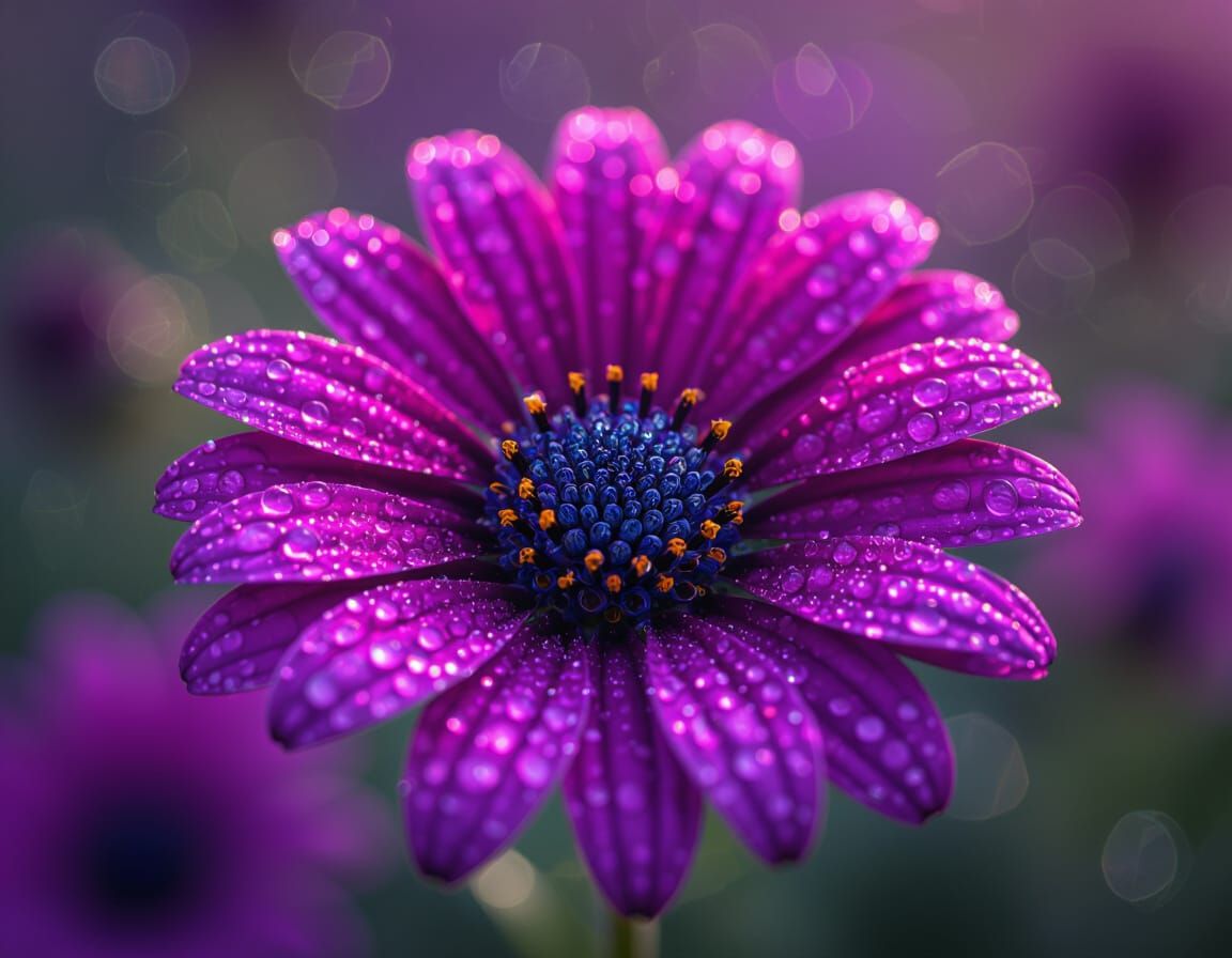 Hyperrealistic Macro Photo of Dew-Kissed Purple Wildflower