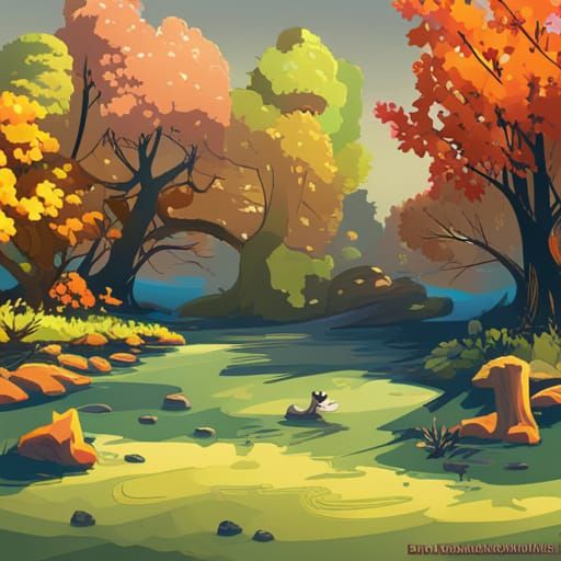 Autumnal Woodland Scene with Animals in Hyperdetailed Style