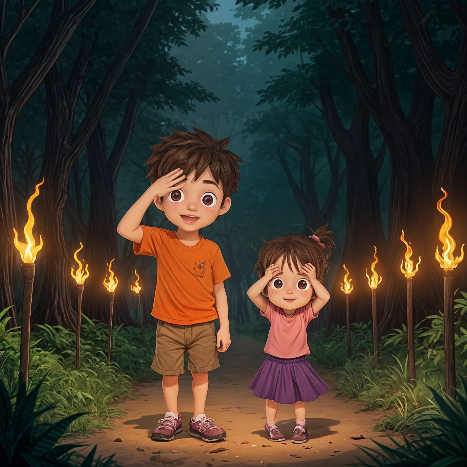 Cartoon Children in Dark Forest, Torchlight
