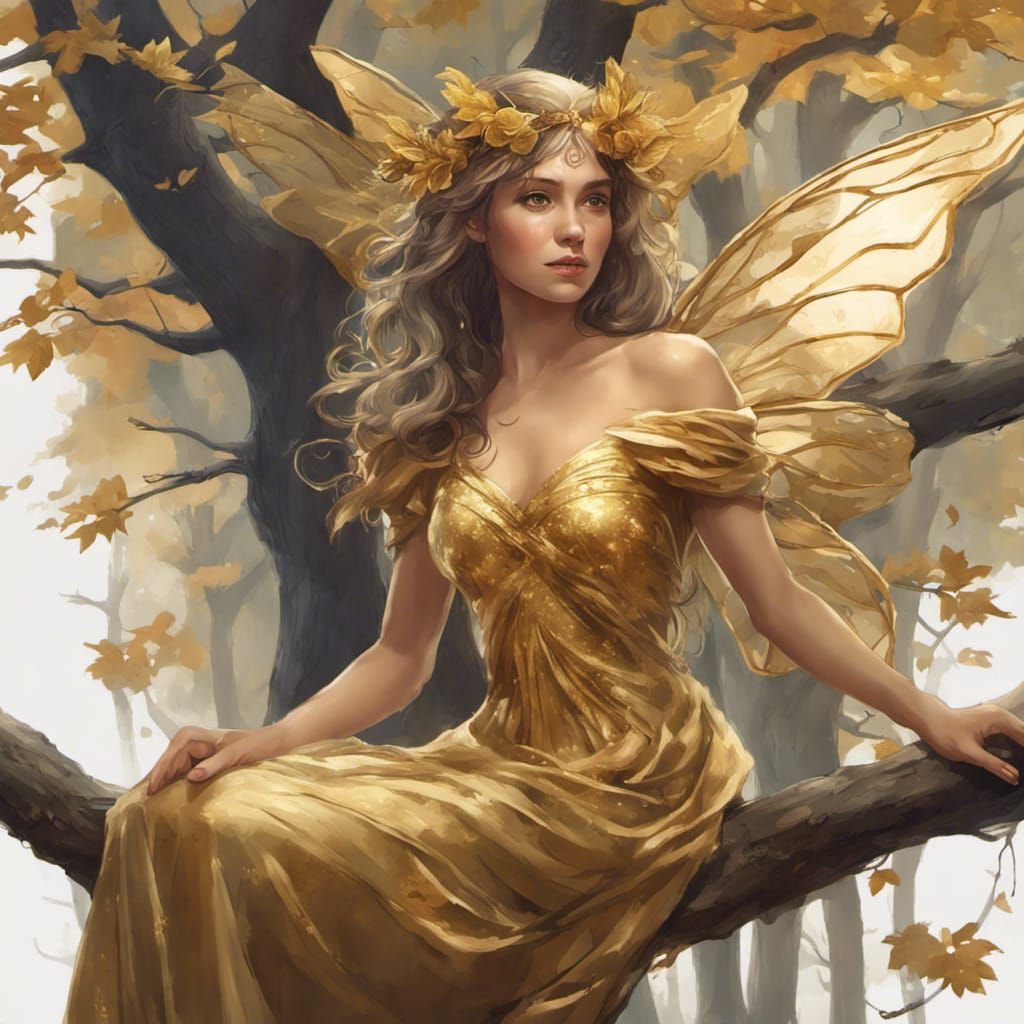 Gold Fairy Portrait in Forest, Digital Art