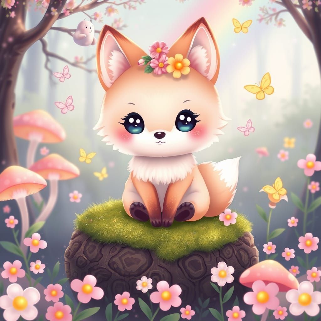 Kawaii Fox in Magical Pastel Forest