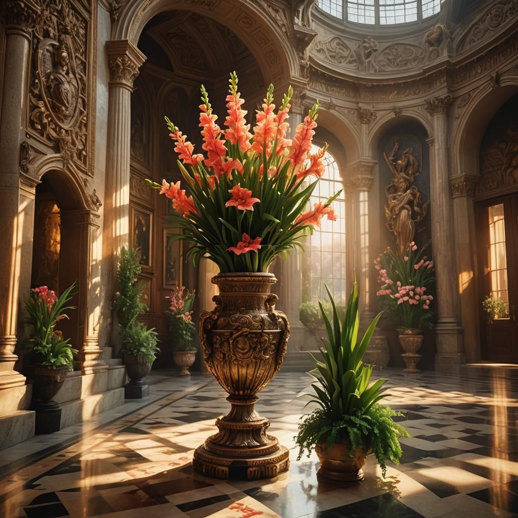 Gladioli and Buxus Still Life in Golden Light