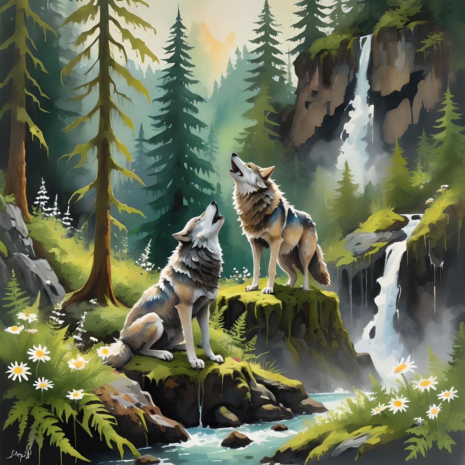 Wolf Howling at Waterfall: Impressionist Oil Painting
