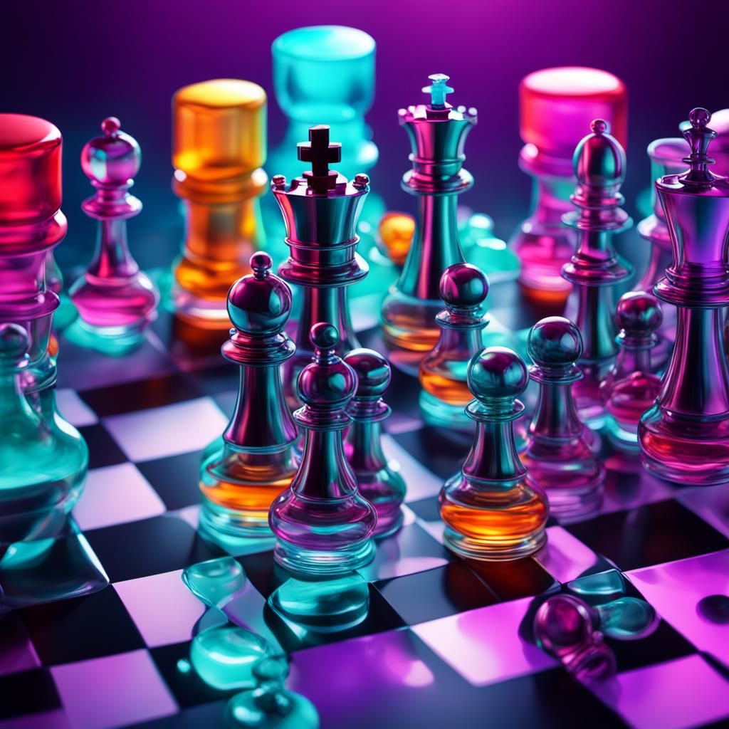Surreal Chessboard with Neon Perfume Vials in 3D