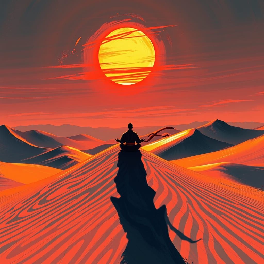 Karateka Meditates on Mountaintop at Dawn