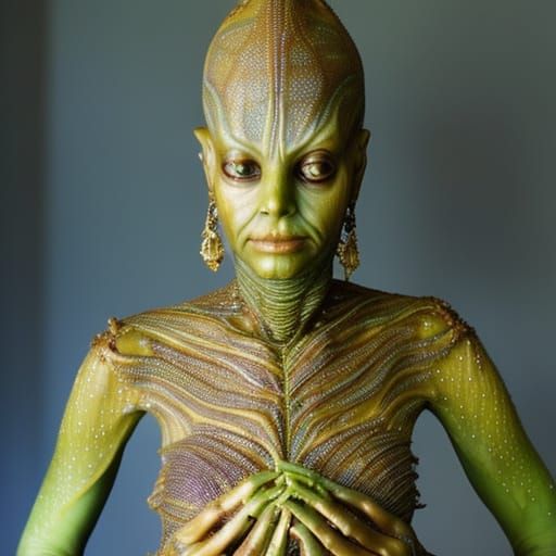 Beautiful Alien Woman with Gold Filigree in 3D