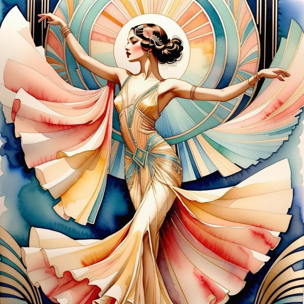 Beautiful Woman Dancing in Art Deco Watercolor