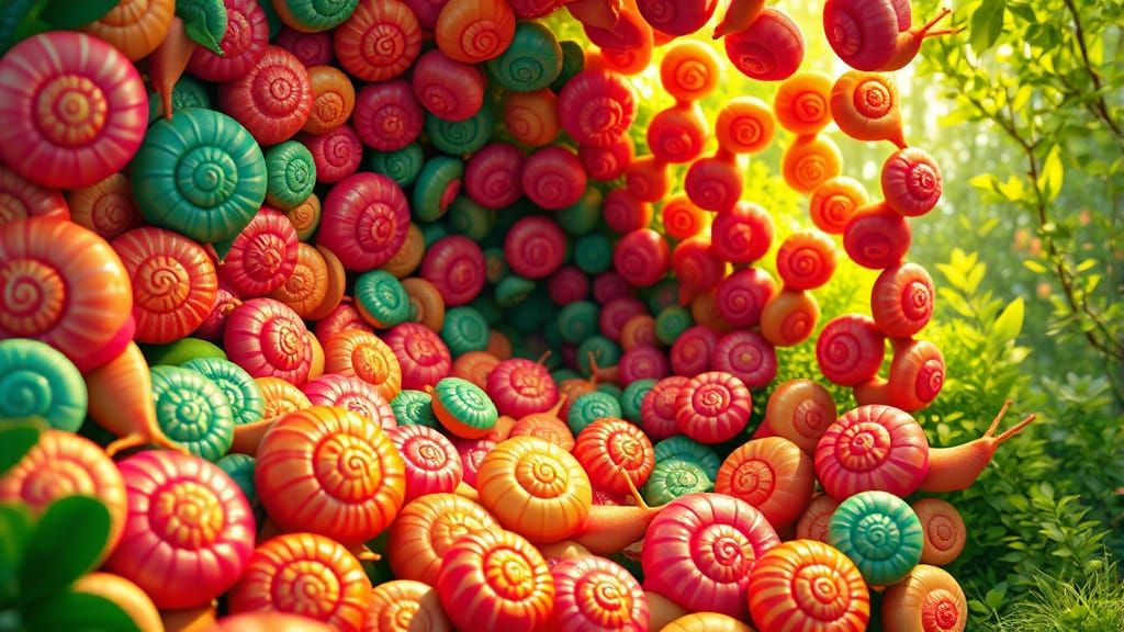 Surreal Candyland Snails in Emerald Garden