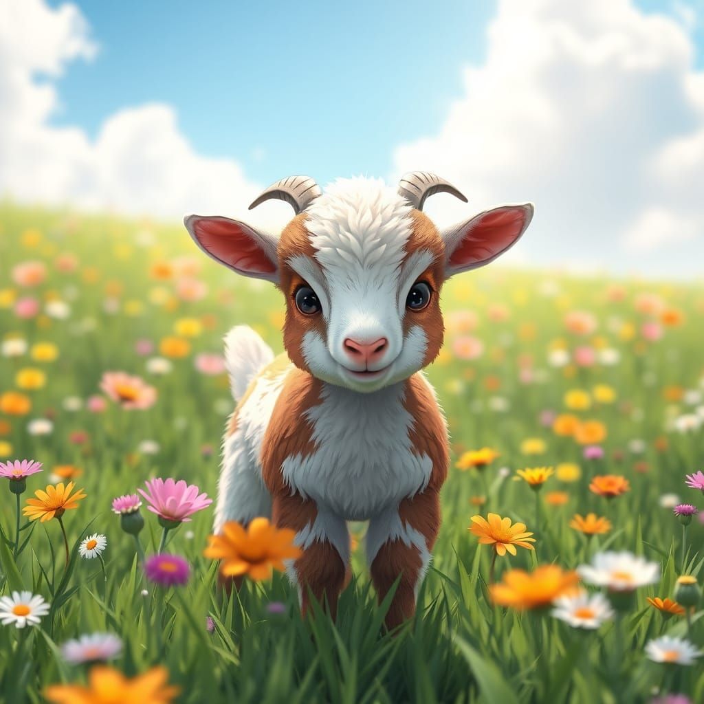 Vibrant Baby Goat in Anime-Inspired 3D Art