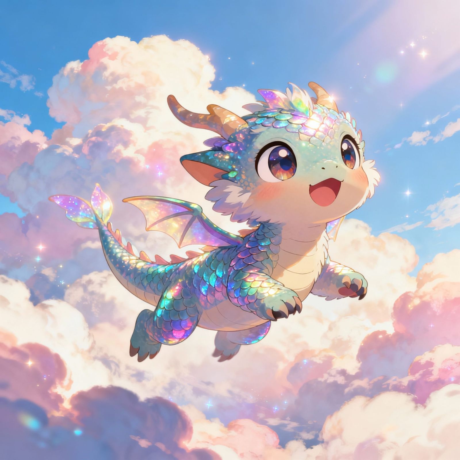 Cute Fluffy Anime Baby Dragon Flying Joyfully