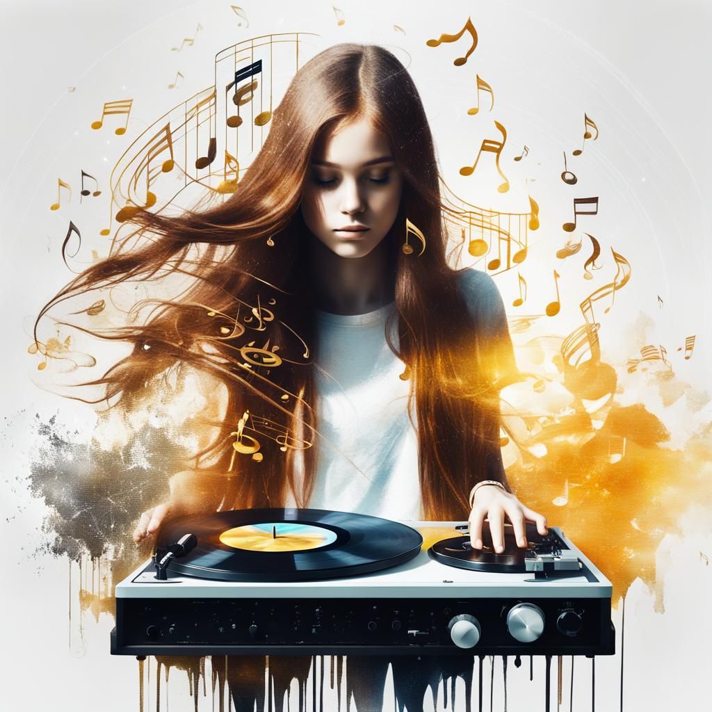 Auburn Haired Girl with Record Player: Double Exposure