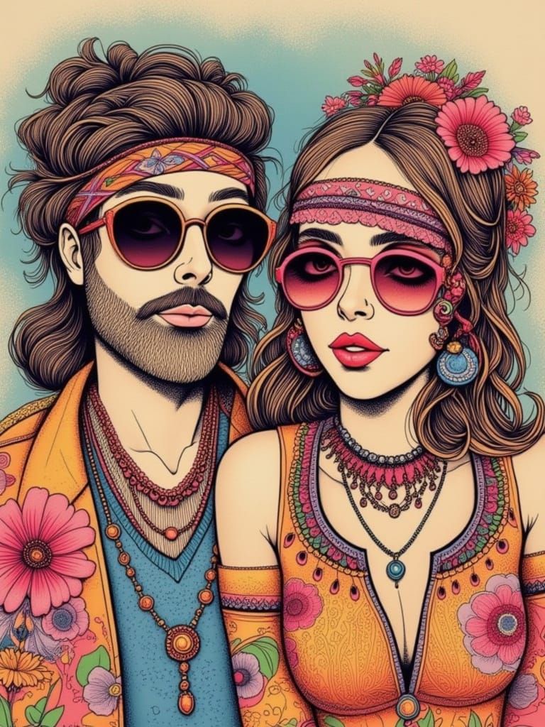 Bohemian Couple in Psychedelic Retro Hippie Style