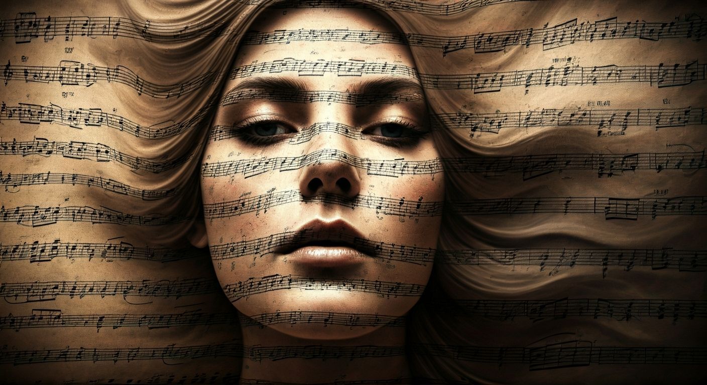 Monochrome Film Portrait of Woman in Musical Notation