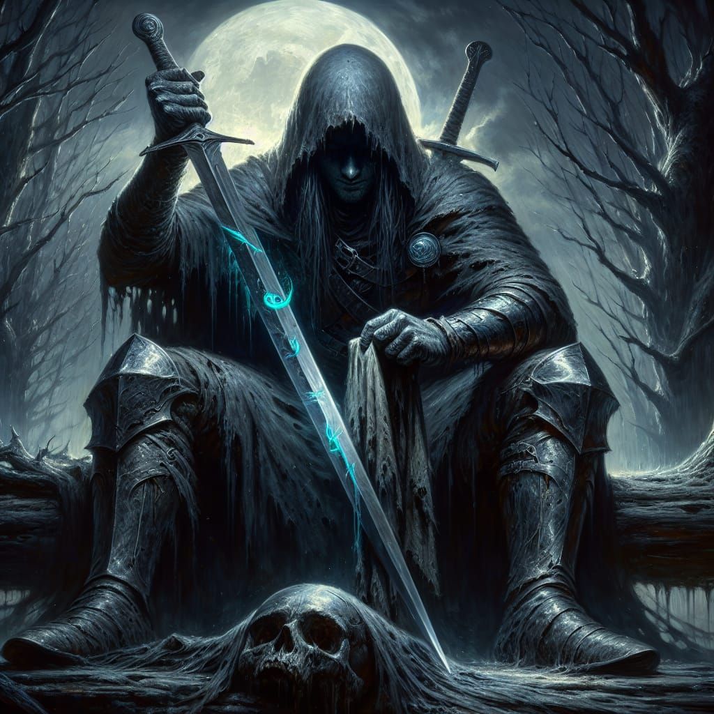 Mysterious Warrior in Dark Fantasy Oil Painting