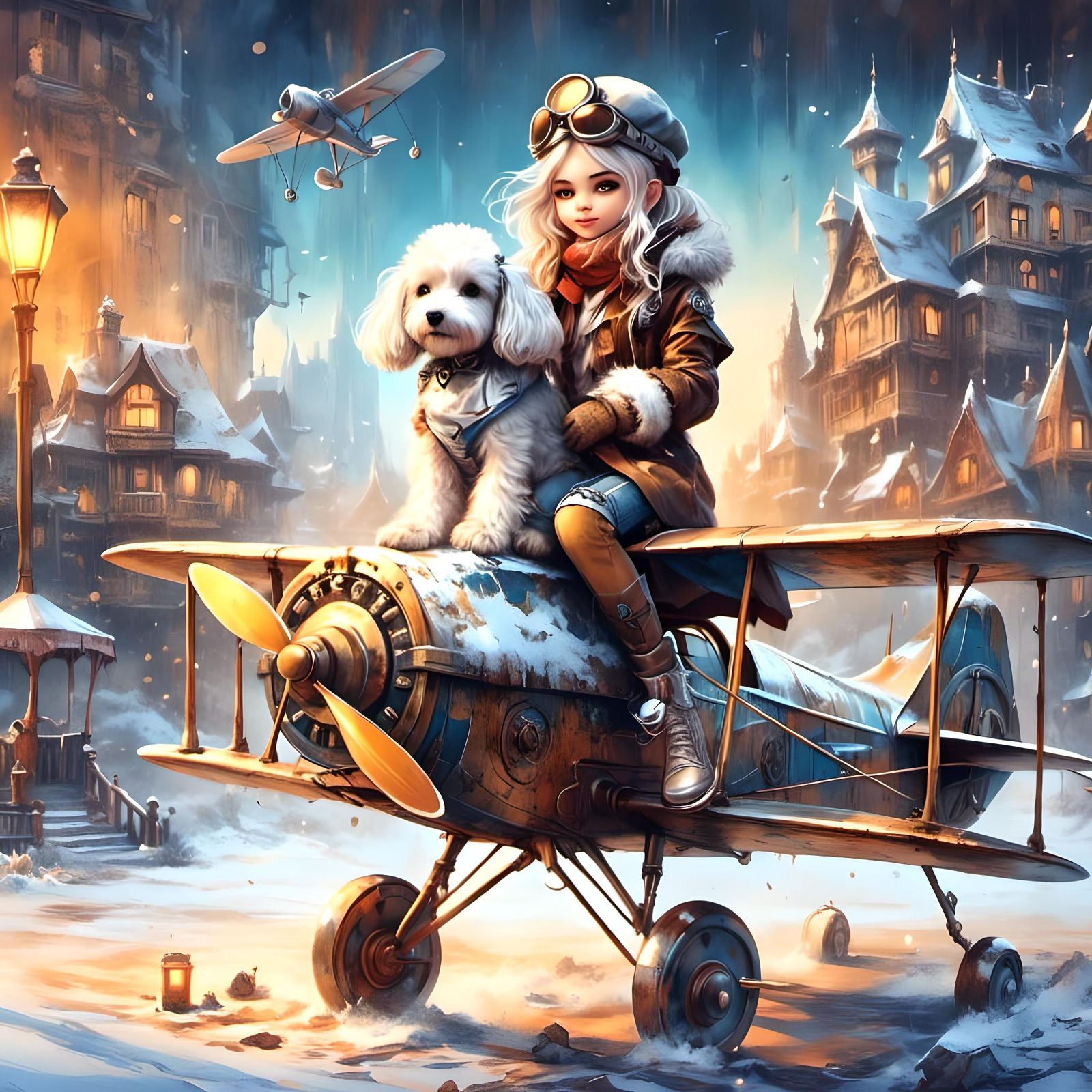 Steampunk Girl and Poodle on Playground Biplane