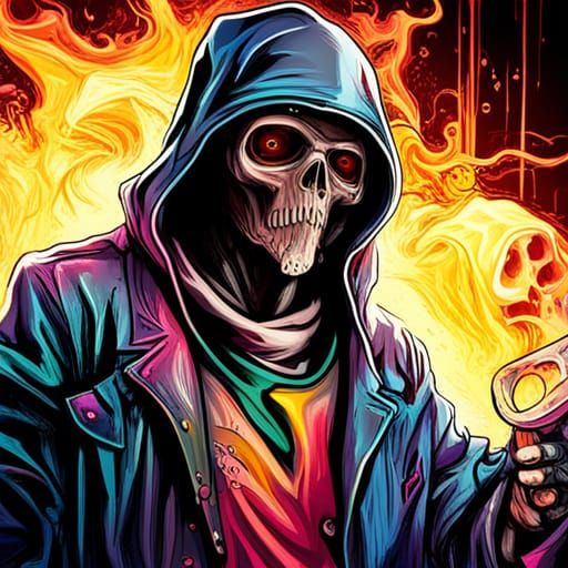 Cyberpunk Grim Reaper in Neon Graffiti Style