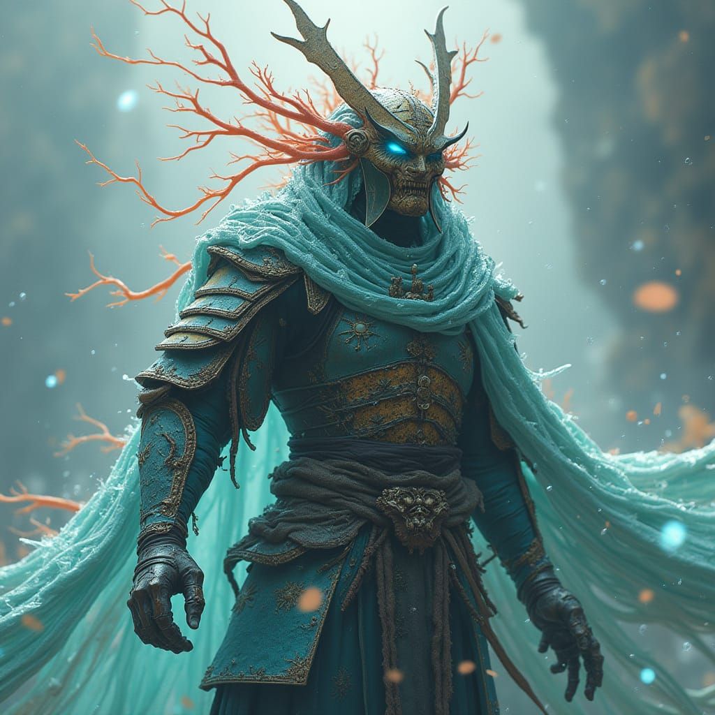 Aquatic Samurai in Coral Armor, Digital Art