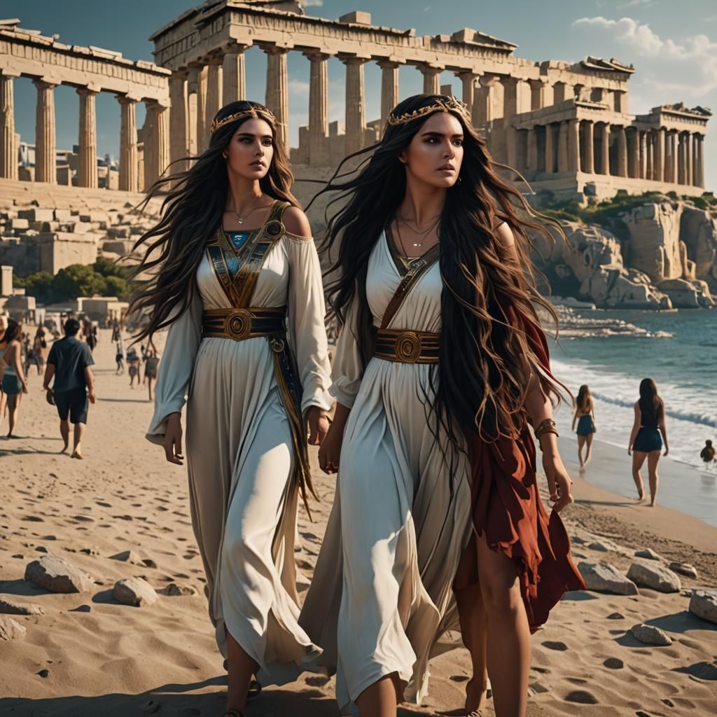Long-Haired Girls on Athens Beach: Matte Painting
