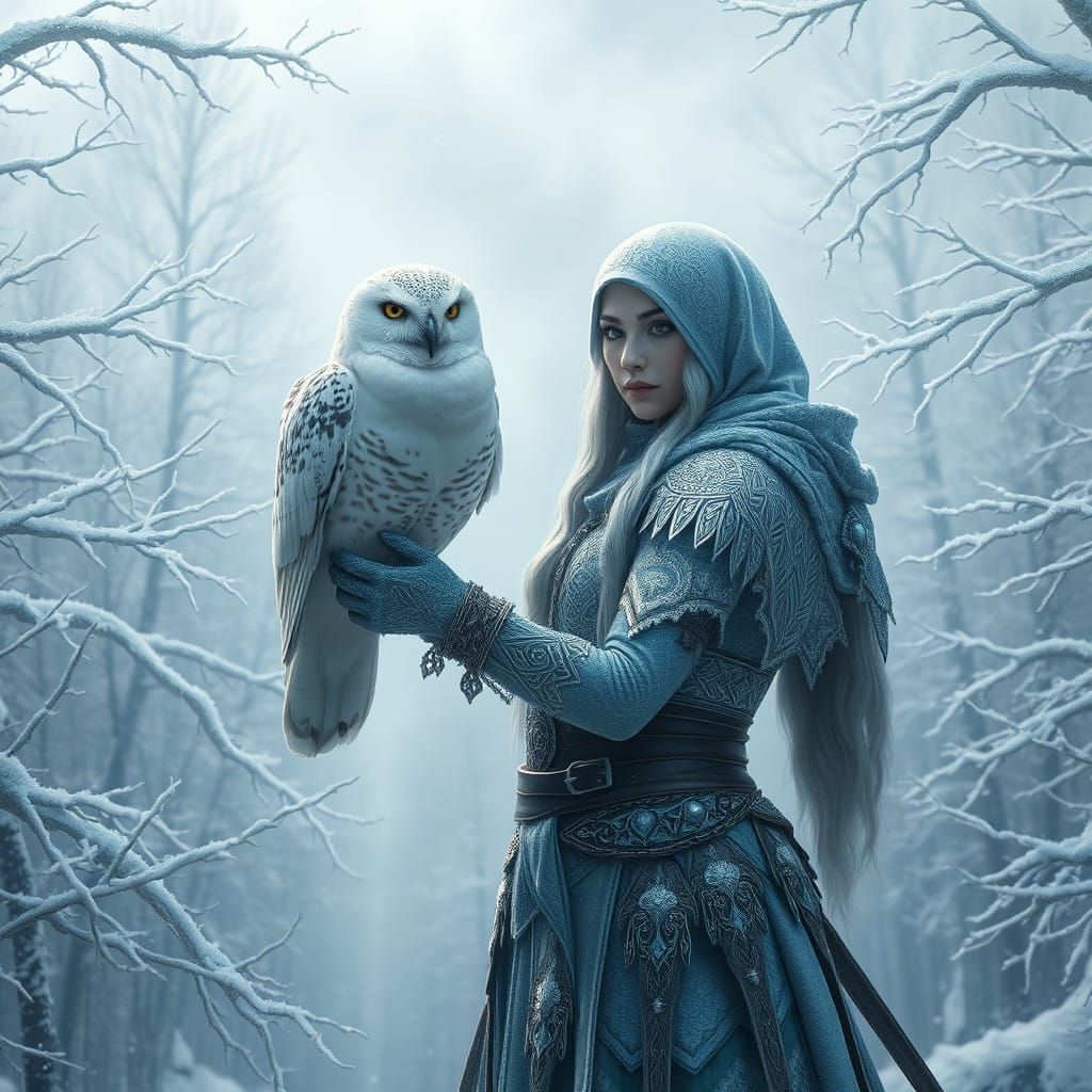 Surreal Ice Age Warrior Maiden with Majestic Owl in Frosty W...