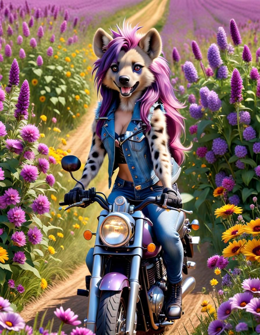 Furry She-Hyena Riding Motorcycle Through Vibrant Blooming F...