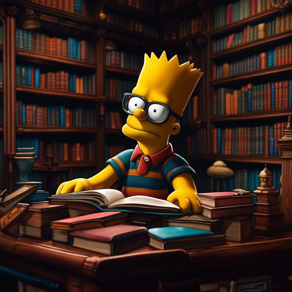 Realistic Bart Simpson Studying in Library