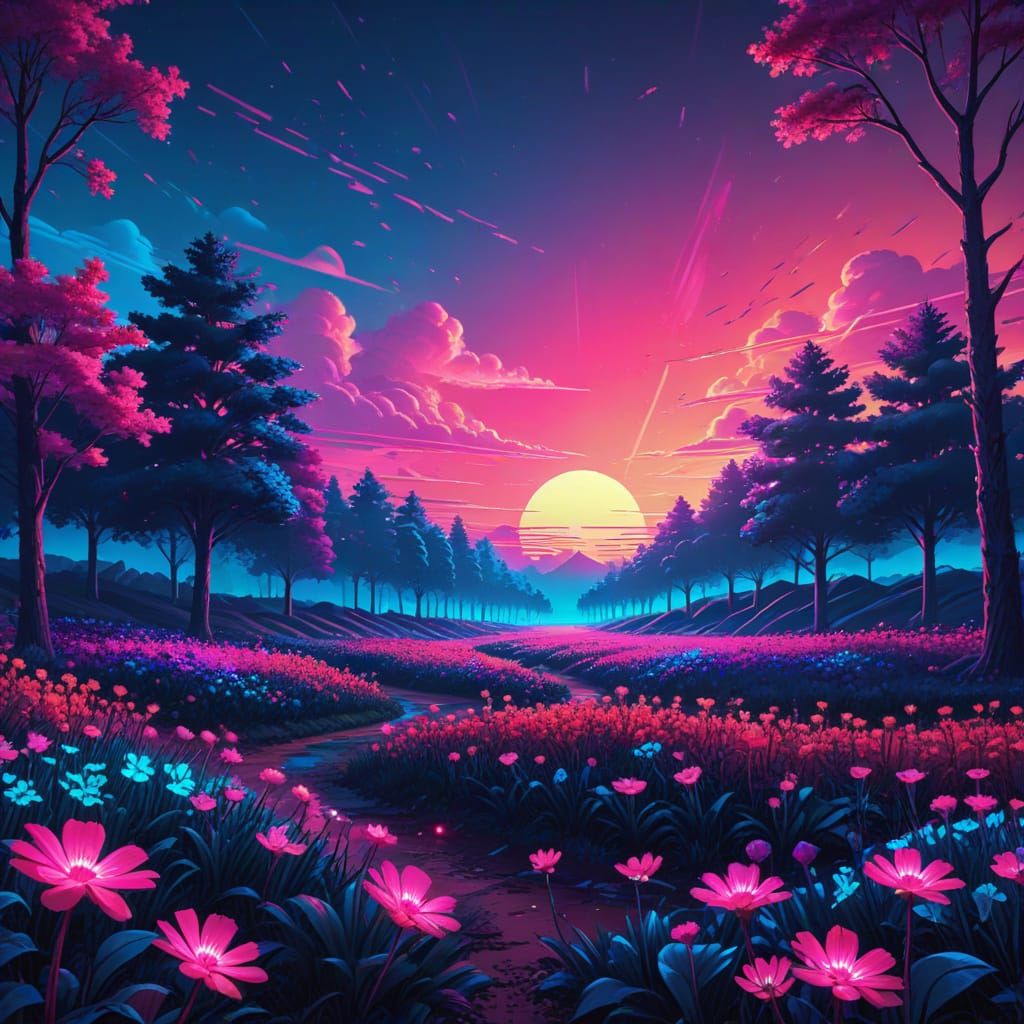 Synthwave Neon Flower Field in Spring