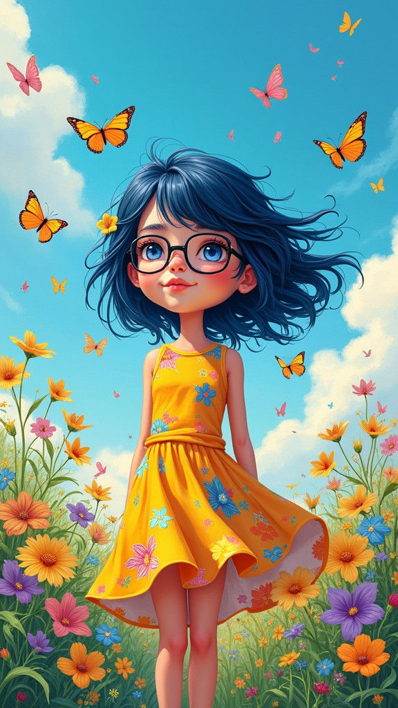 Blue-Haired Girl in Floral Field, Graffiti Art Style