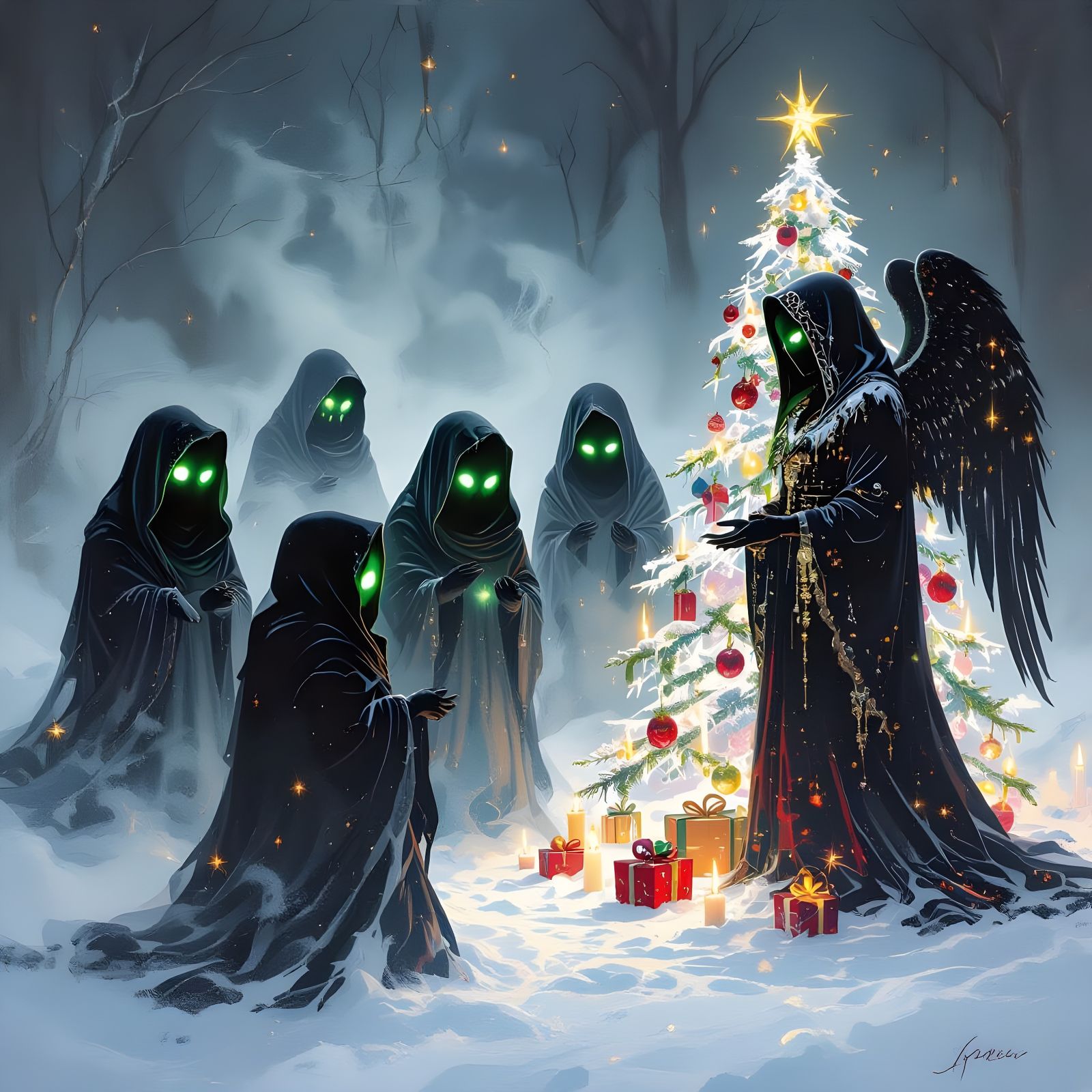 Afrosurrealist Ghostly Carolers in Snowy Dreamscape