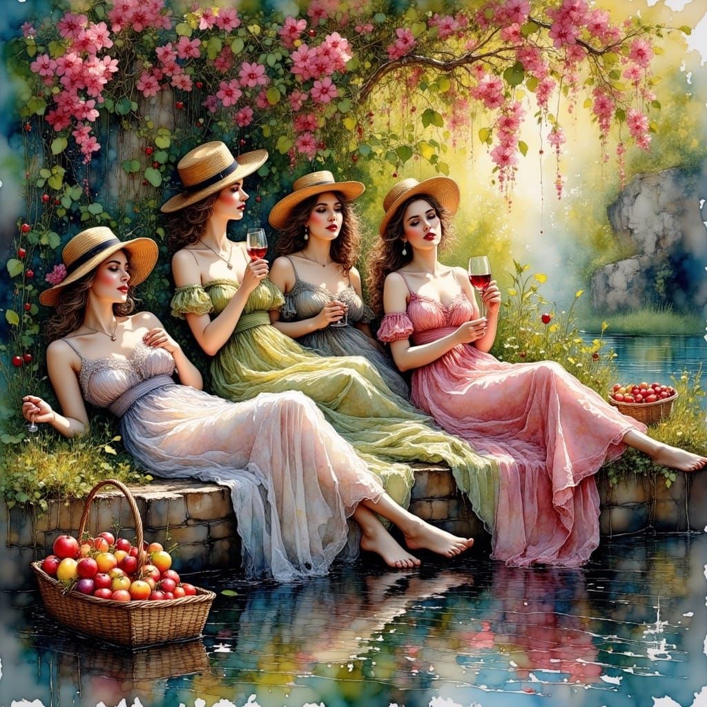 Joyful Women in Lush Garden, Impressionist Masterpiece