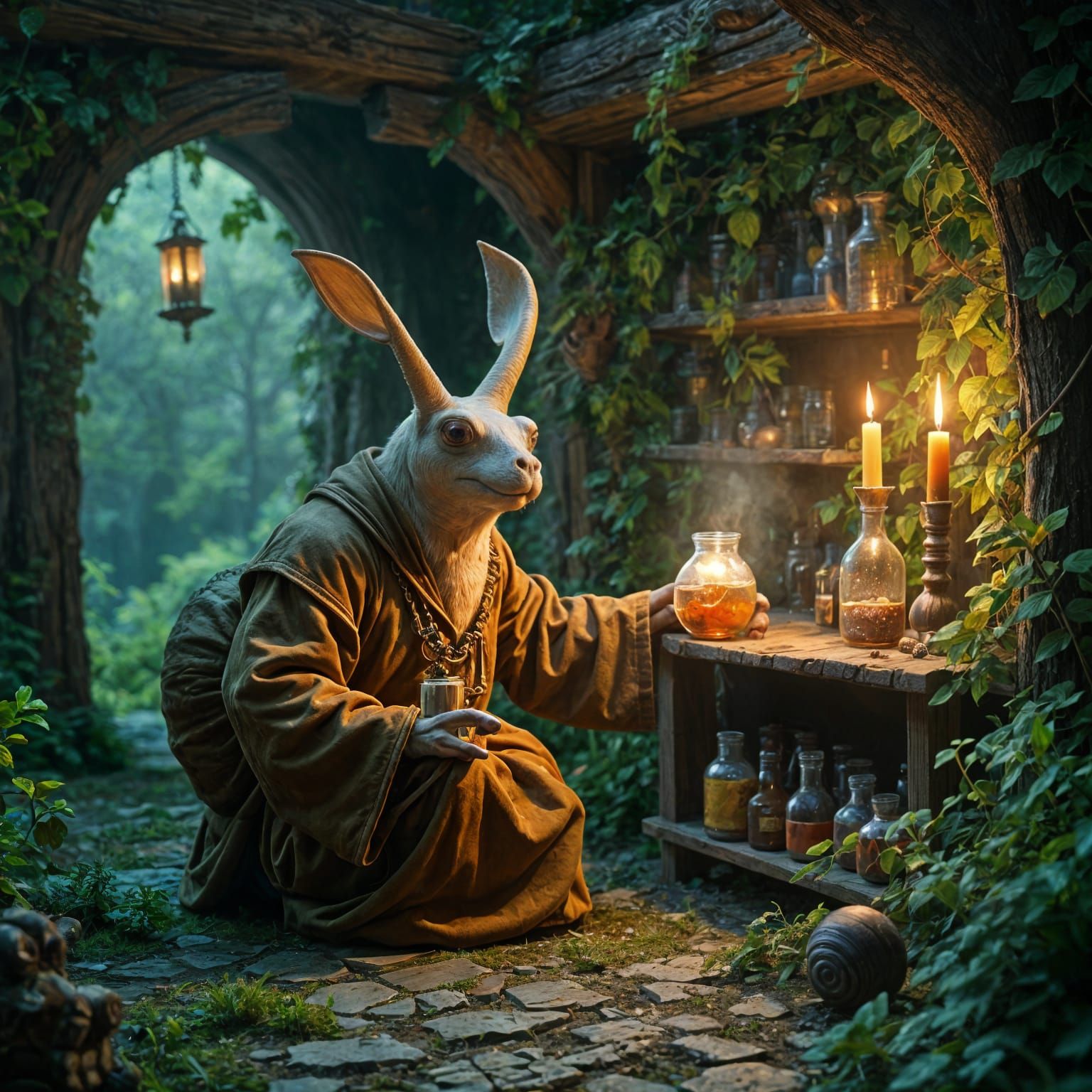 Fantasy Snail Alchemist in Woodland Shack Interior
