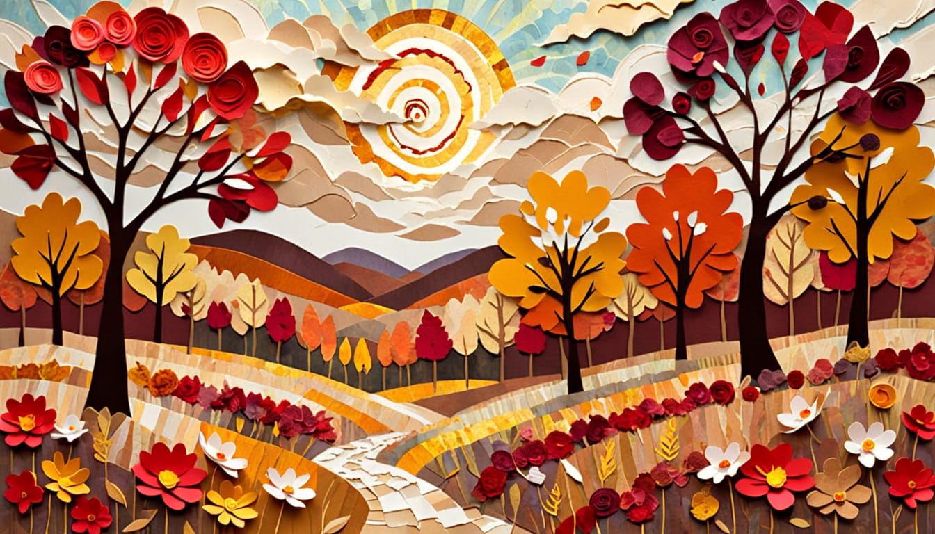 Whimsical Autumn Landscape in Impressionist Torn Paper Colla...
