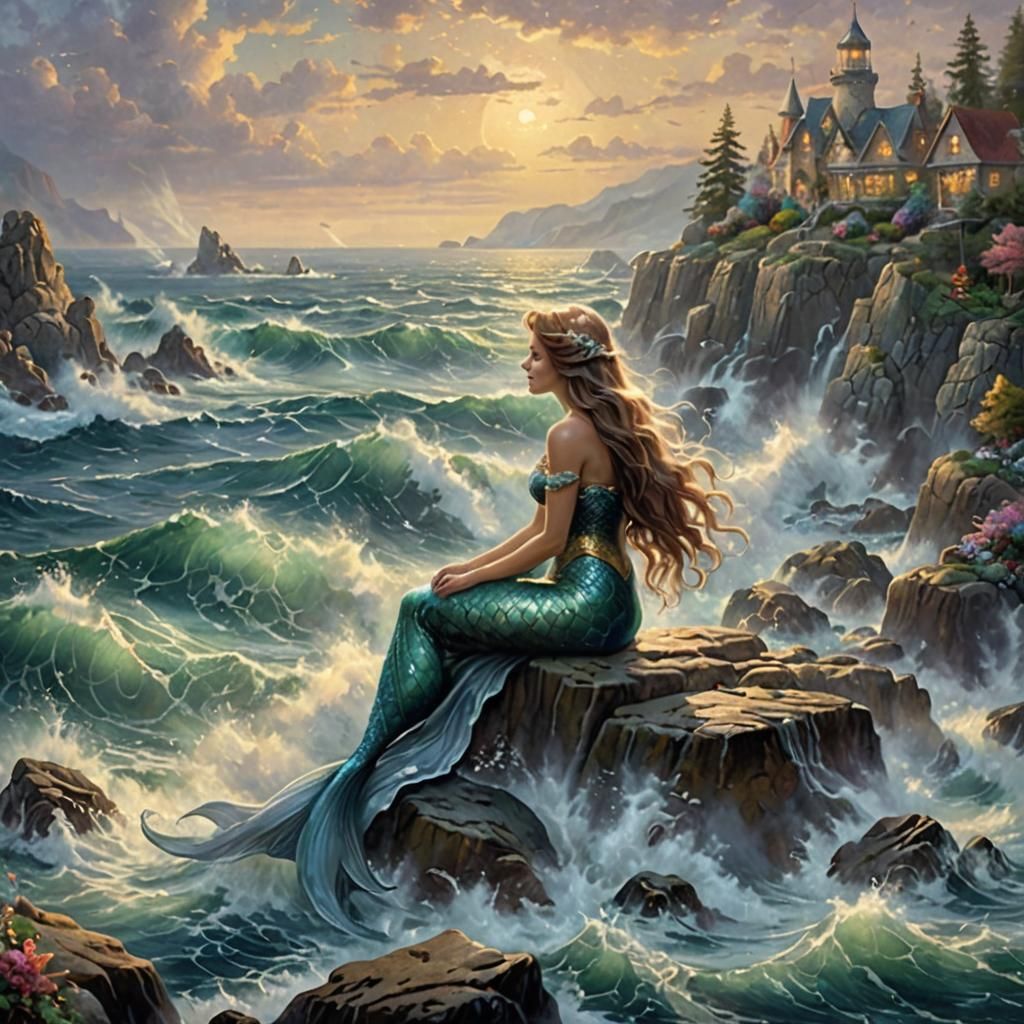 Ethereal Mermaid on Ocean Rocks, Fantasy Art