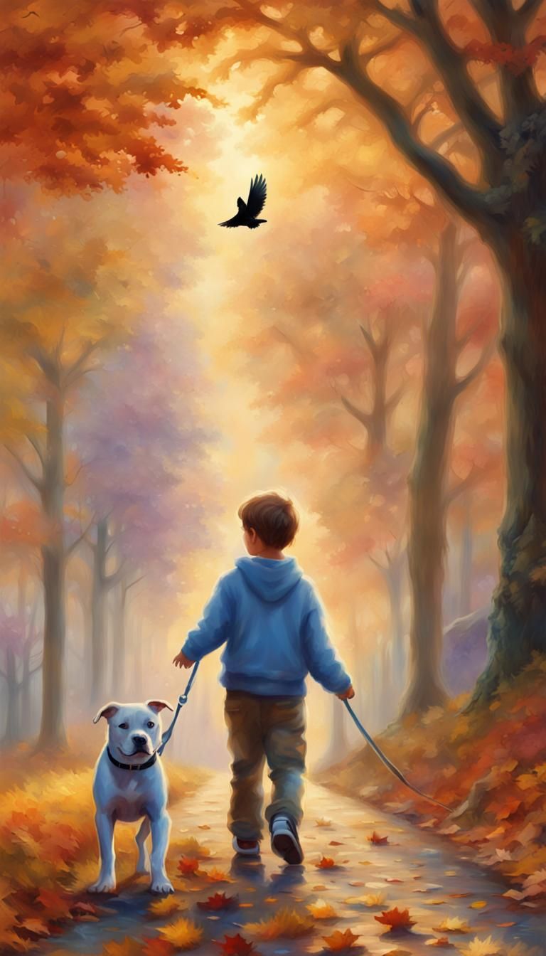 Boy and Puppy Walk in Autumn Fantasy Landscape