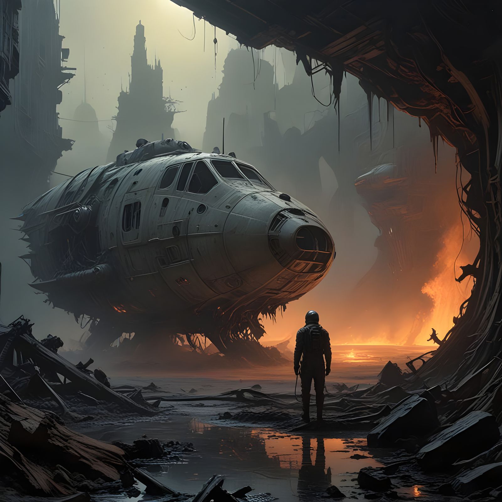 Astronaut Amidst Dystopian Space Wreckage in Haunting Futuri...