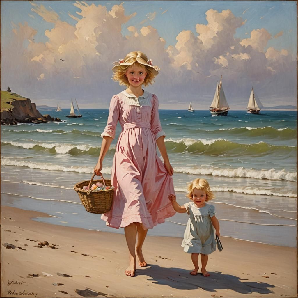 Sunny Seaside Landscape with Girl, Dog, and Sailboat