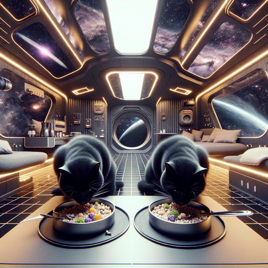 Futuristic Cats Enjoying Meal in Space Cabin