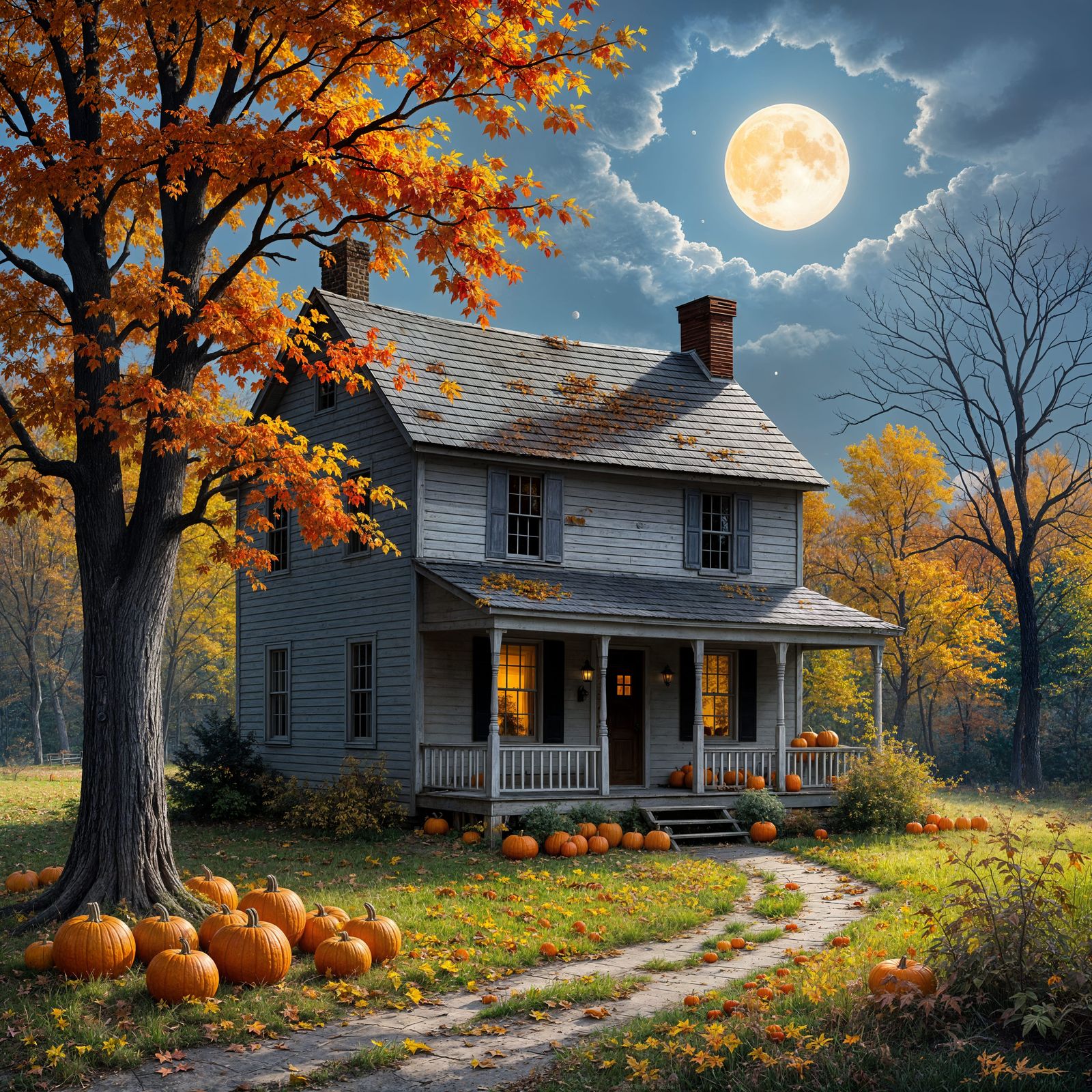 Autumn Farmhouse Under a Gleaming Moon