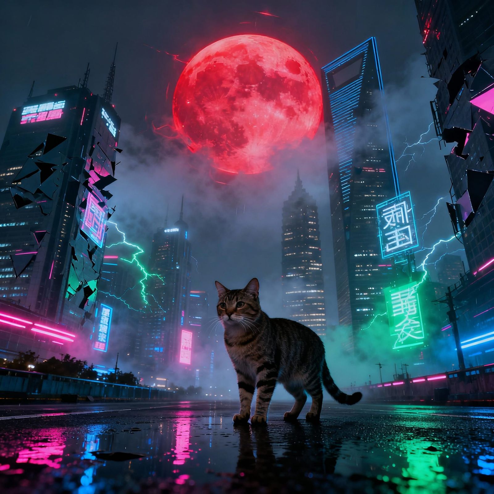 Cyberpunk Cat in Neon Shanghai Under Crimson Moon