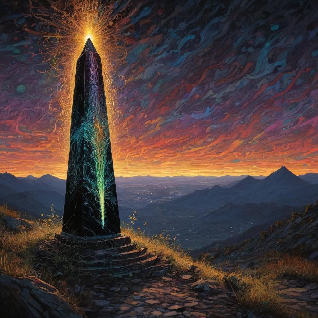 Radiating Obsidian Obelisk Light Painting on Mountain