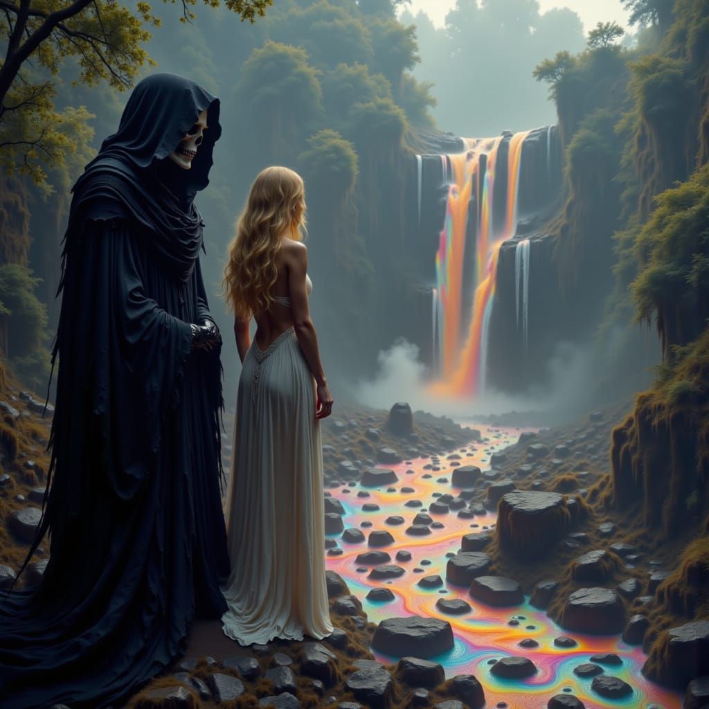 Grim Reaper in Victorian Attire Beside a Mystical Blonde and...