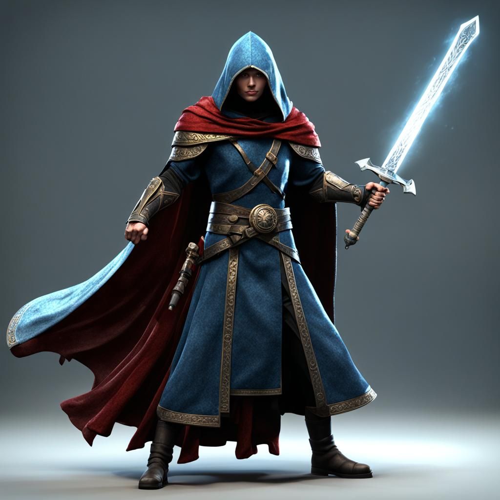 Cloak Fighter Wielding Magic Sword in Romanesque Style
